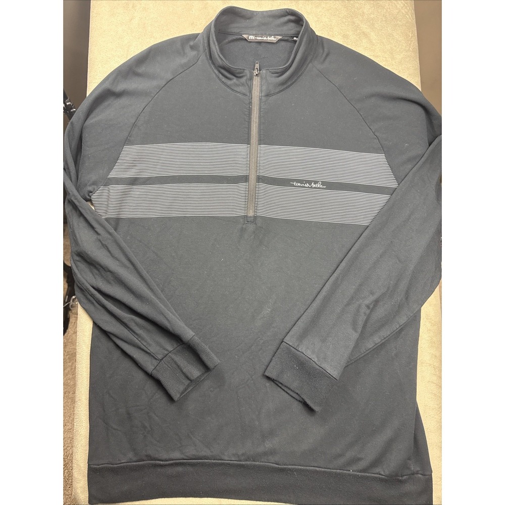 Travis Mathew Sweater Mens XL Black Striped 1/4 Quarter Zip Pullover Performance